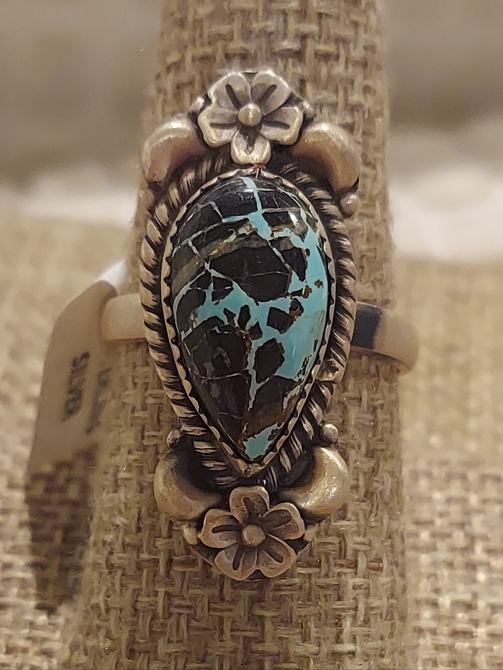 New Brushed Sterling Silver & Blackjack Turquoise Adjustable Ring - Picture 3 of 13